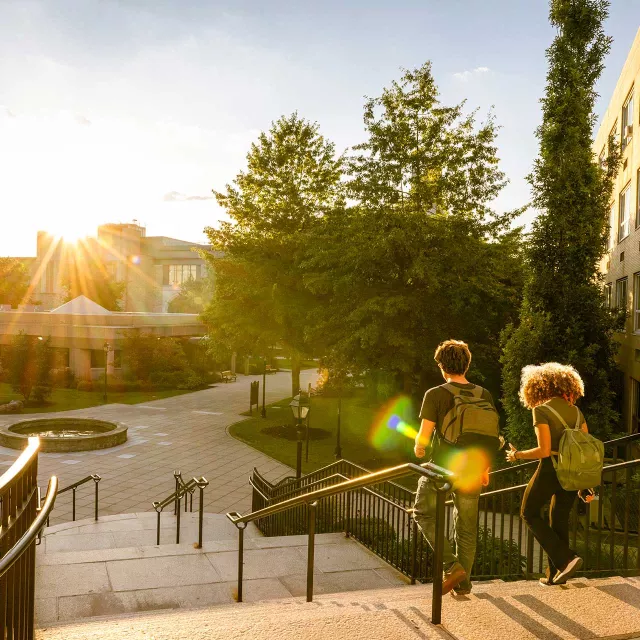 two students walking down campus steps