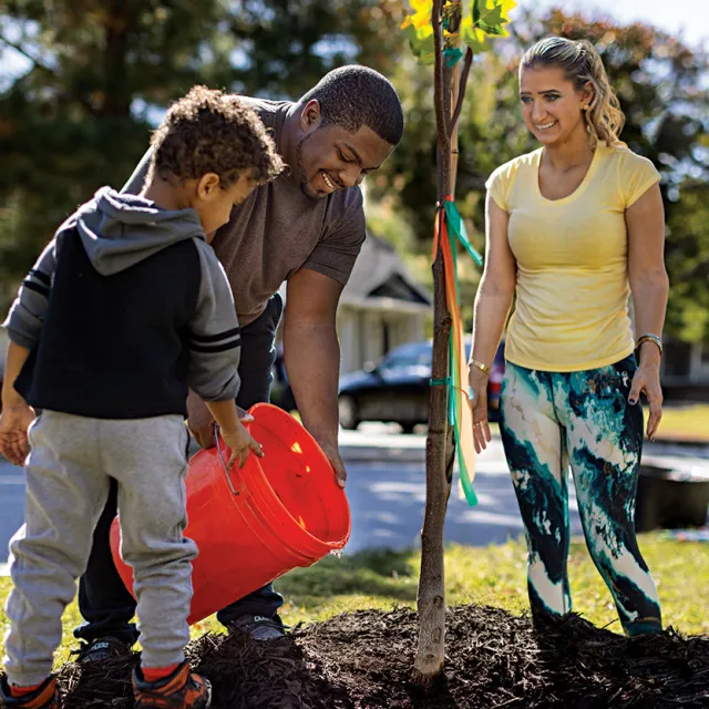 family watering their new tree in the front yard