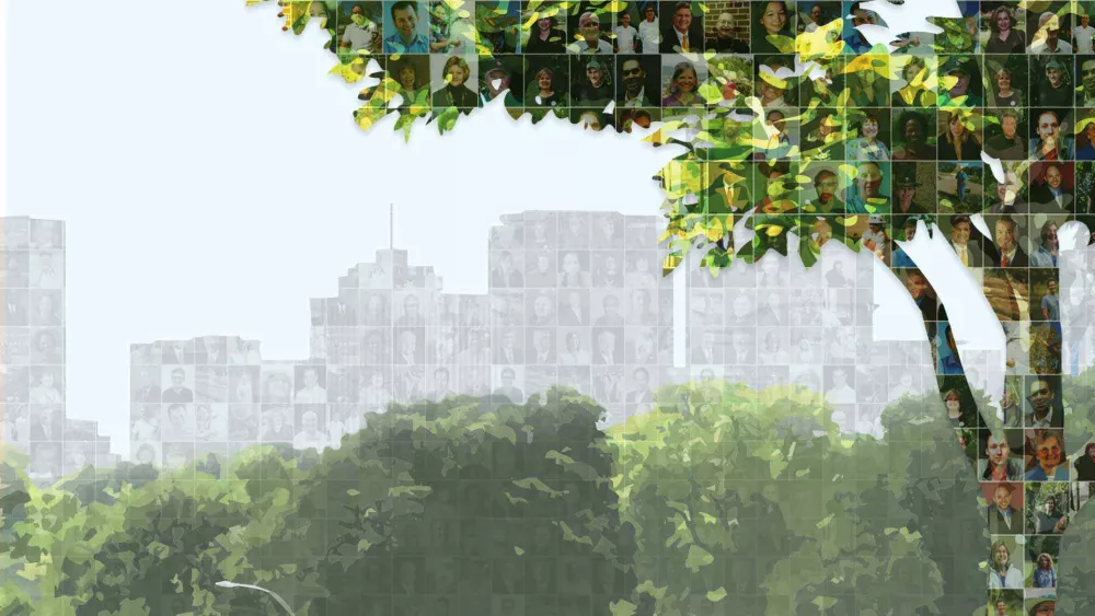 Image of a city with trees and faces