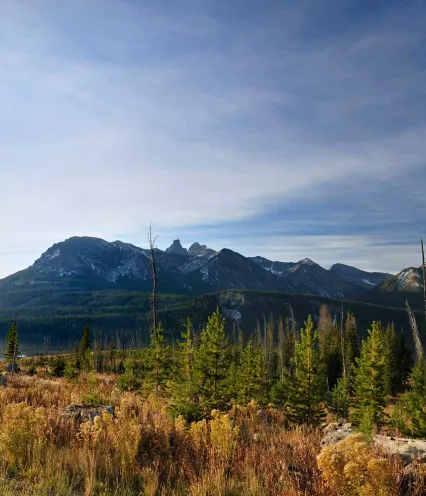 Scenic view of majestic mountains seen from a winding trail.