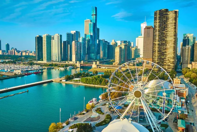 Chicago skyline with ferris wheel and buildings