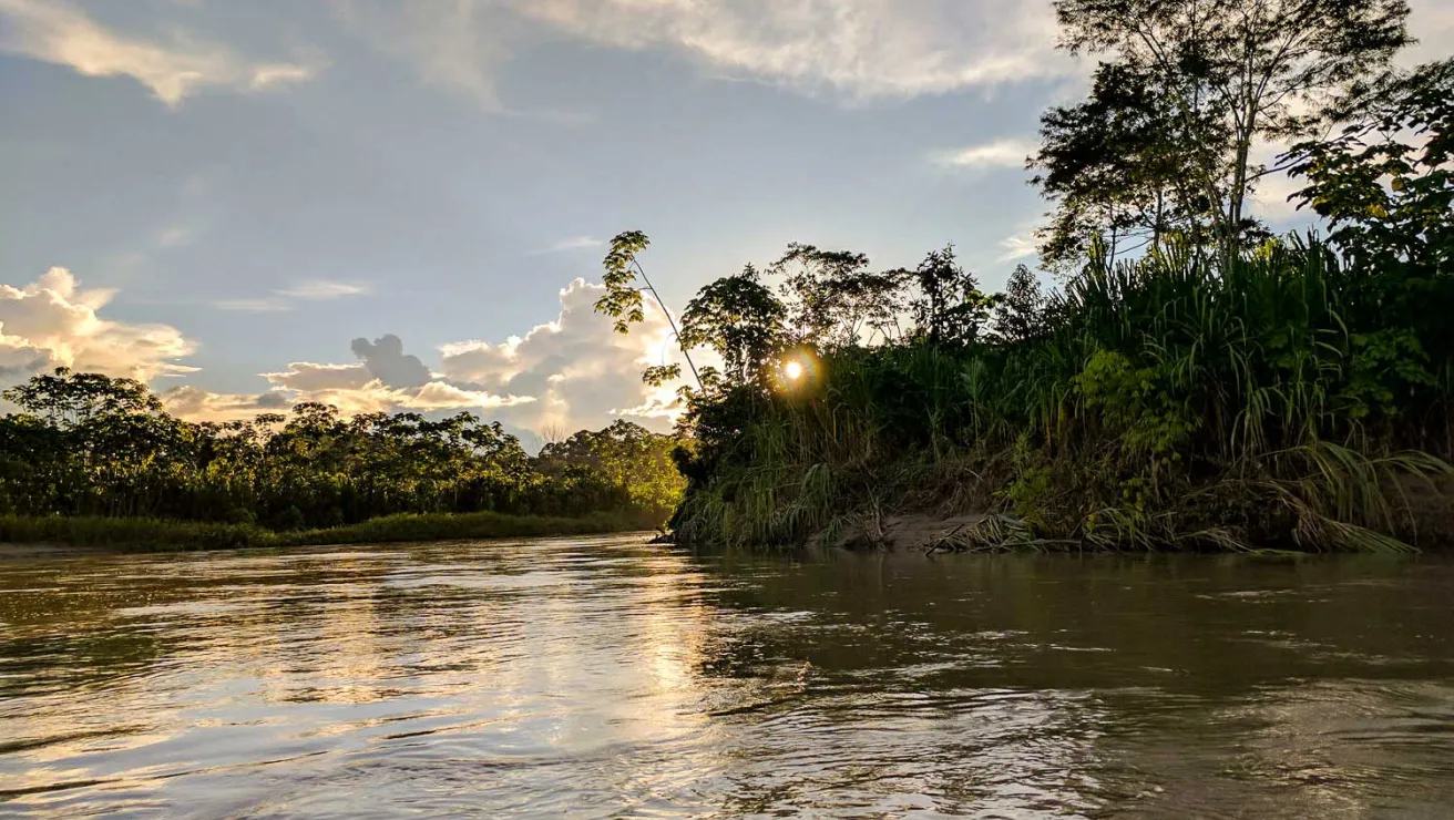 River at sunset with trees surrounding the river bank.