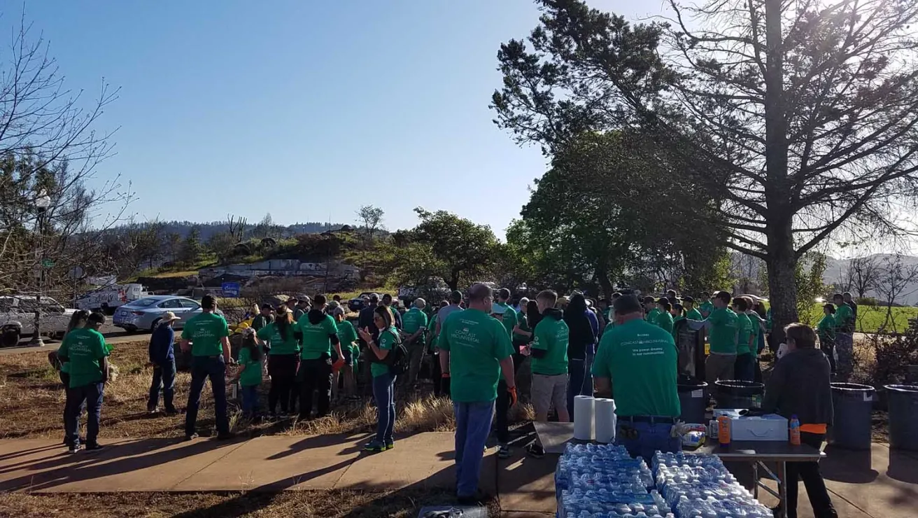 A group of people in green shirts gathered to get ready to plant trees.