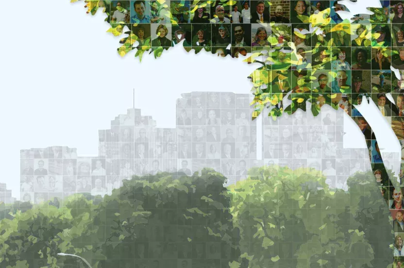 Image of a city with trees and faces