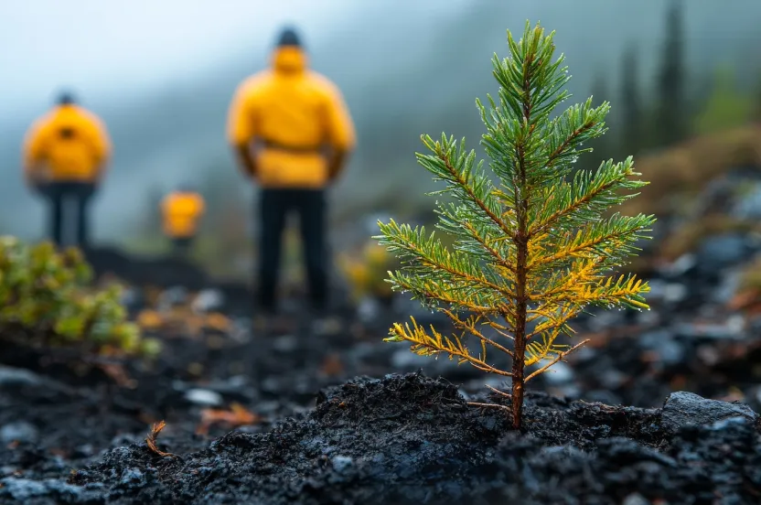 Person in yellow jacket standing behind fresh sapling in burned forest